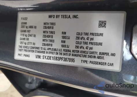 2023 Tesla Model 3 Long Range Dual Motor All-Wheel Drive z USA, uszkodzony, nr VIN 5YJ3E1EB3PF387895